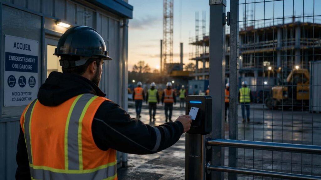 Travailleur s'enregistrant au point d'accès à l'entrée d'un chantier