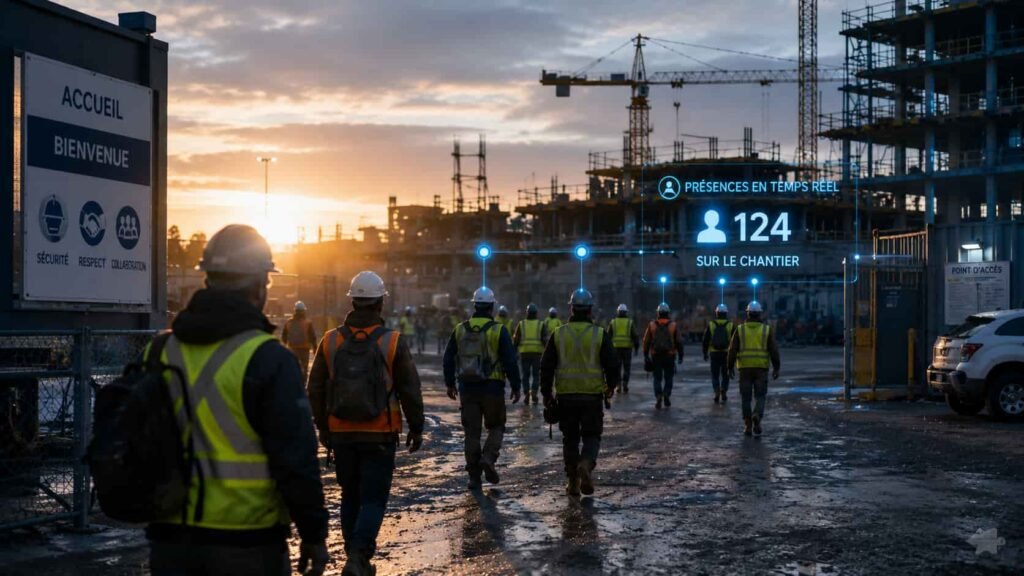Travailleurs arrivant sur un chantier, présences comptées en temps réel