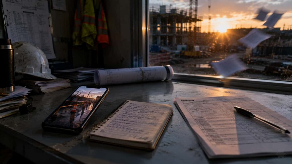 Preuves SST de chantier éparpillées : photo, carnet et document