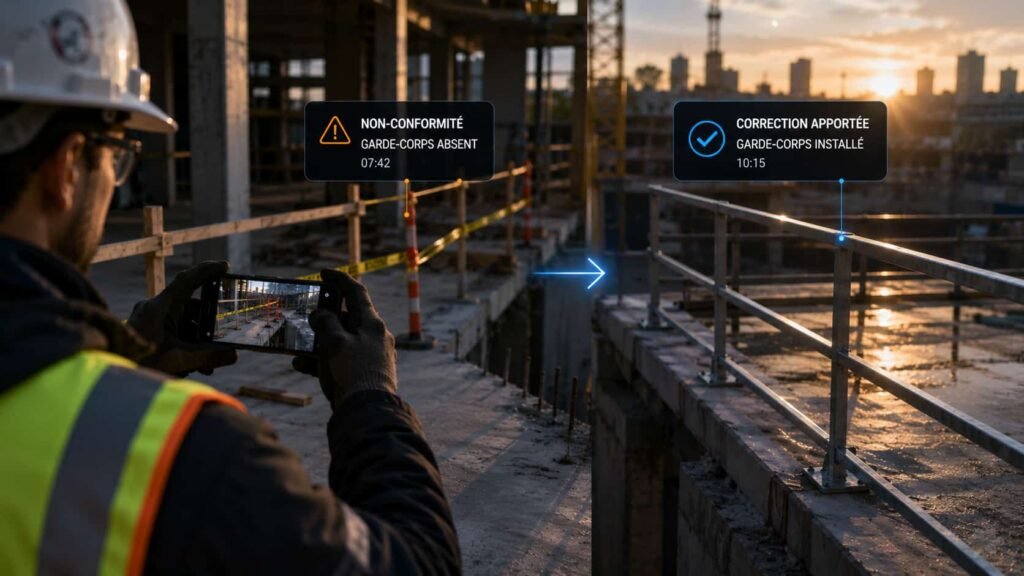 Inspection de chantier suivie d'une correction : garde-corps installé