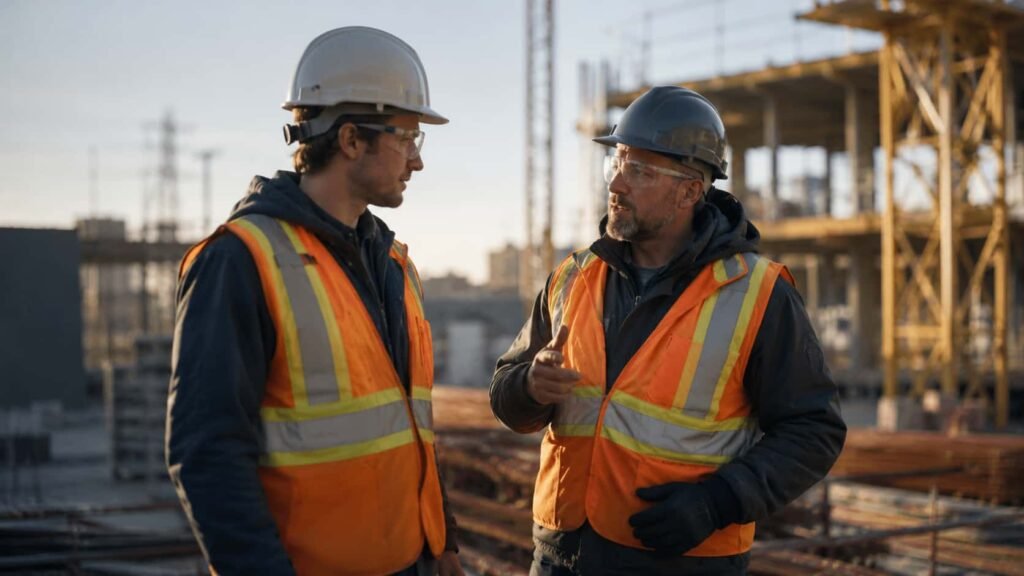 Deux travailleurs échangeant sur un chantier : la SST passe par les relations