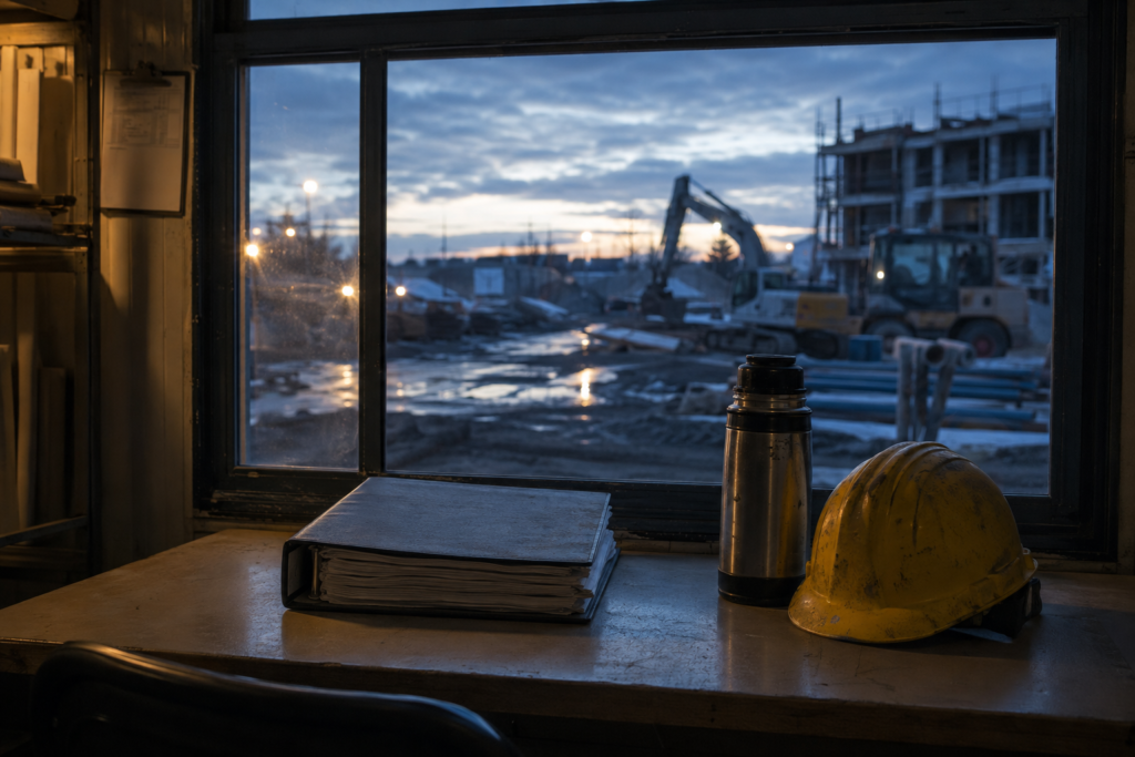 Cartable, thermos et casque devant la fenêtre d’une roulotte de chantier à l’aube