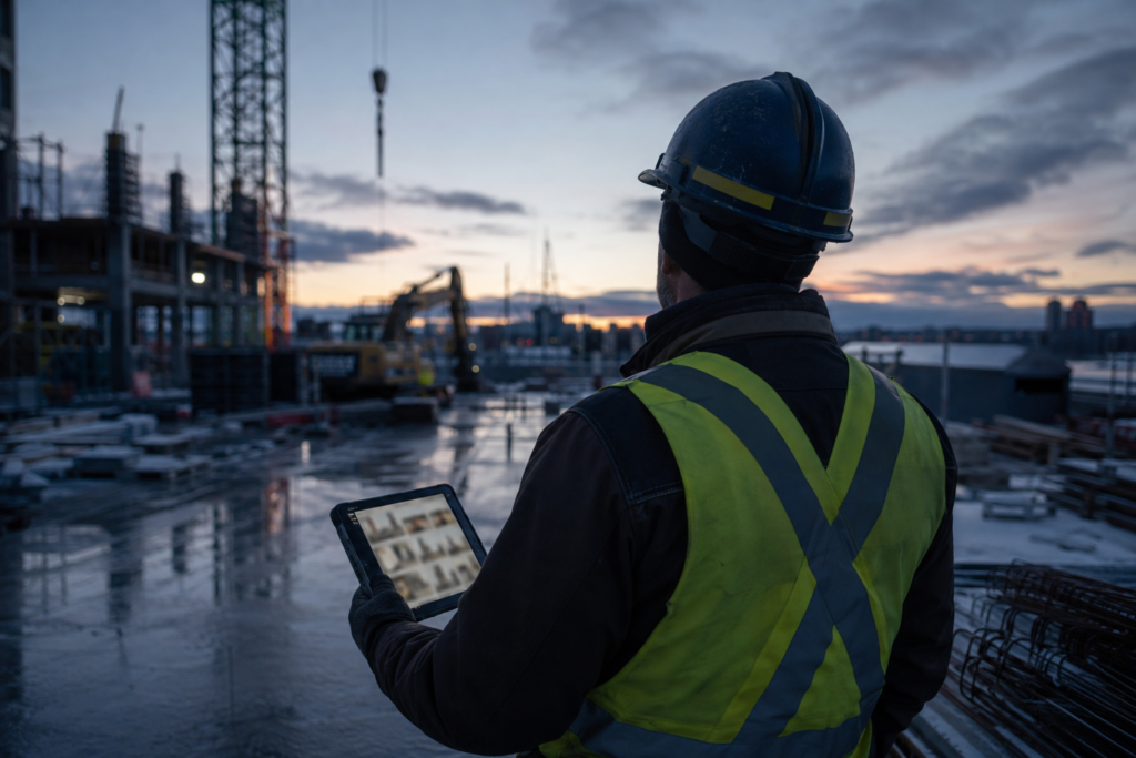 Travailleur consultant une tablette près du chantier, regard tourné vers le terrain