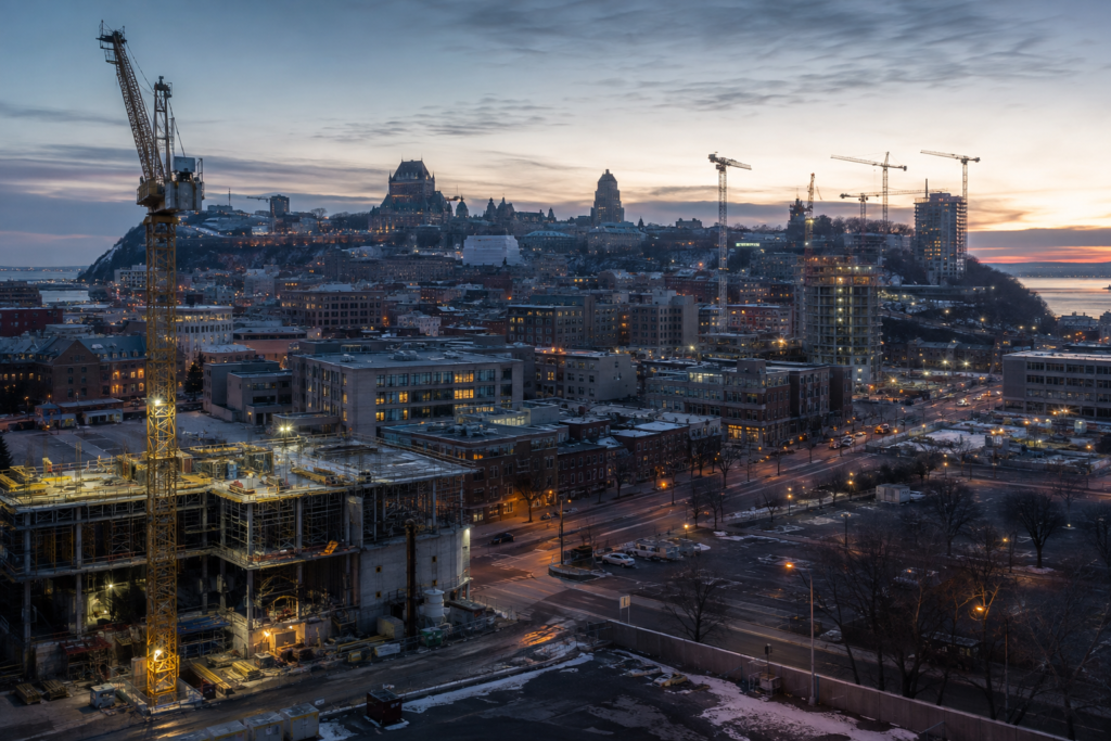 Vue en hauteur de Québec à l’aube avec plusieurs grues de construction
