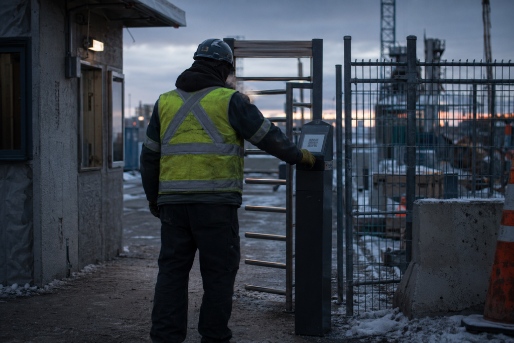 Travailleur qui badge à un tourniquet à code QR à l’entrée d’un chantier