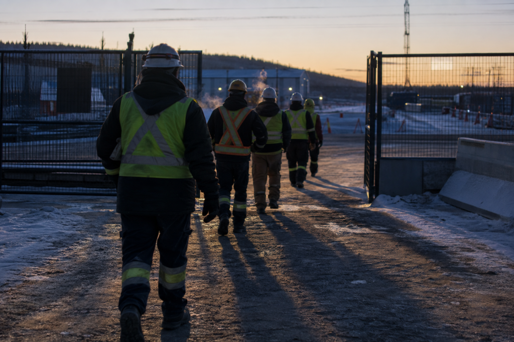 Travailleurs en dossards arrivant à la barrière du chantier au lever du jour