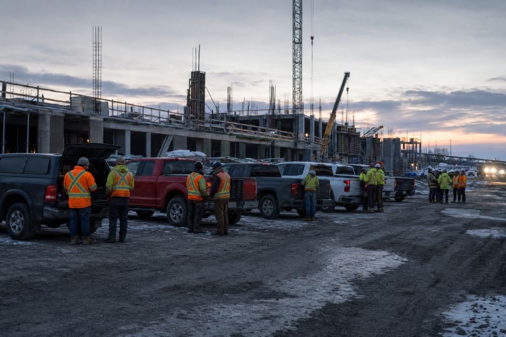 Camions et équipes de sous-traitants rassemblés sur un chantier au petit matin