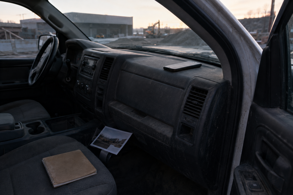 Cabine de camion avec téléphone, carnet et photo éparpillés, chantier à l’aube