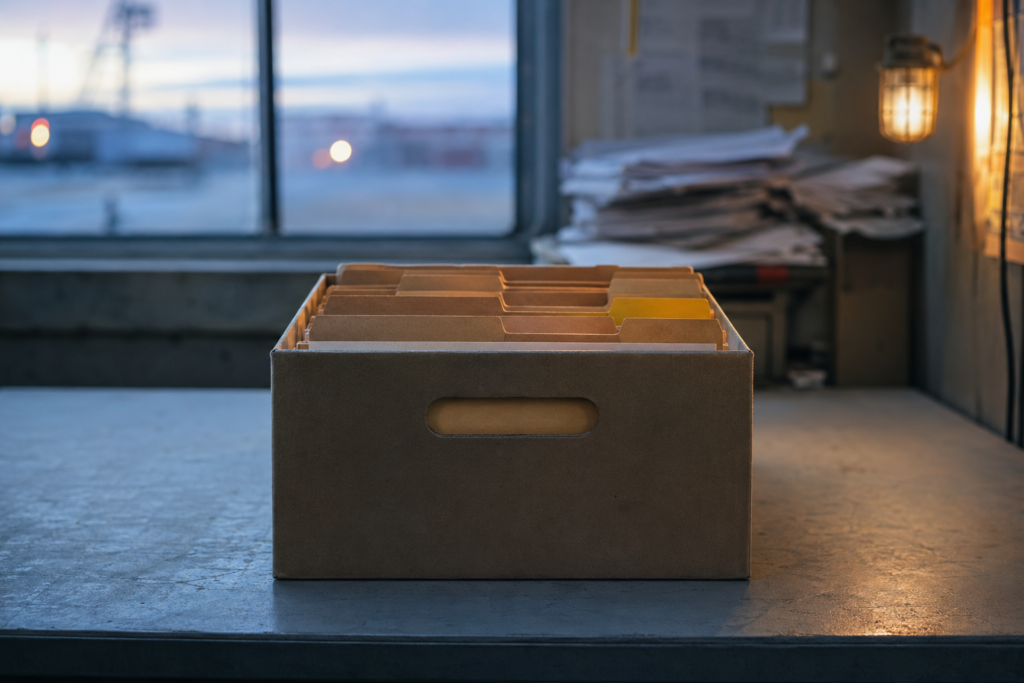 Boîte d’archives à onglets bien rangée devant une pile de documents en désordre