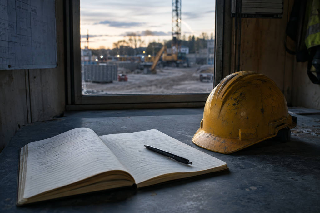 Cahier de rapport journalier ouvert avec un stylo et un casque, fenêtre sur le chantier