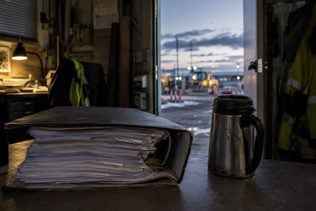 Cartable de chantier et thermos sur un bureau de roulotte, porte ouverte sur le chantier